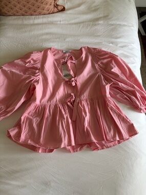 Tie-Front Puff Sleeve Peplum Blouse - Pink